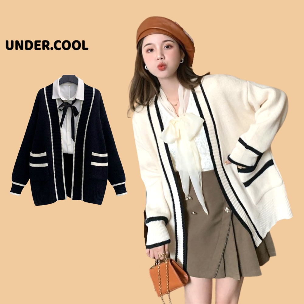 Áo Cardigan UNDERCOOL Len Nữ Dày Sọc Đen Trắng Có Túi, Cadigan dài tay form rộng Hàn Quốc AK25