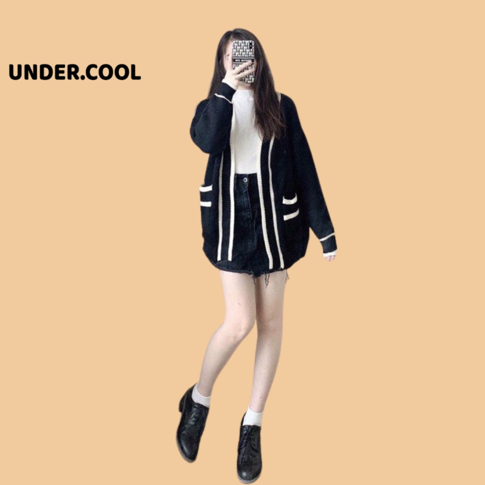 Áo Cardigan UNDERCOOL Len Nữ Dày Sọc Đen Trắng Có Túi, Cadigan dài tay form rộng Hàn Quốc AK25