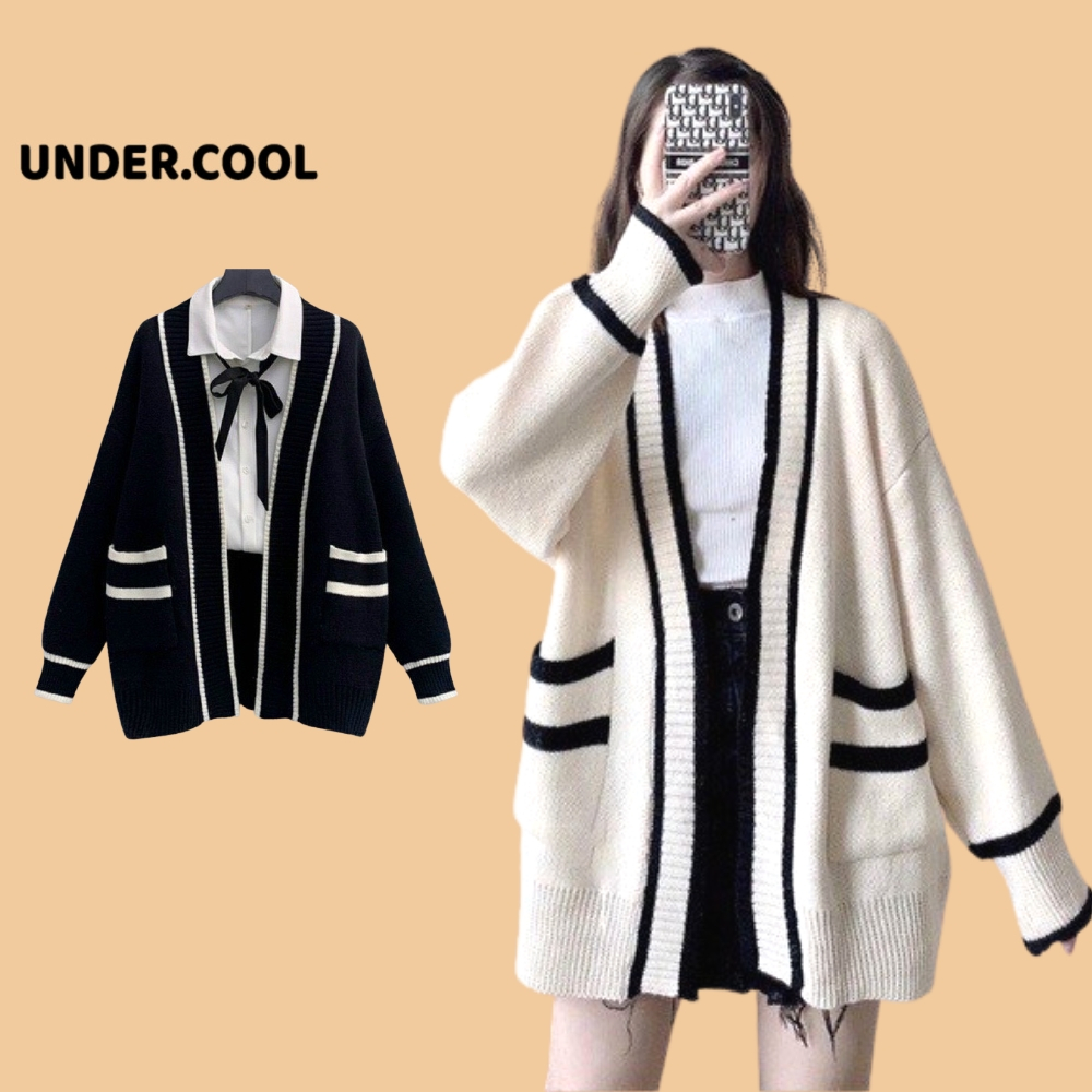 Áo Cardigan UNDERCOOL Len Nữ Dày Sọc Đen Trắng Có Túi, Cadigan dài tay form rộng Hàn Quốc AK25