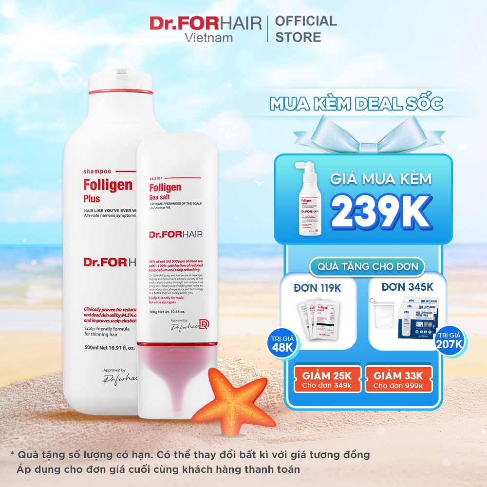 Combo dầu gội đầu ngăn ngừa rụng tóc Dr.FORHAIR Folligen Plus Shampoo 500ml x Sea Salt Scaler 300g