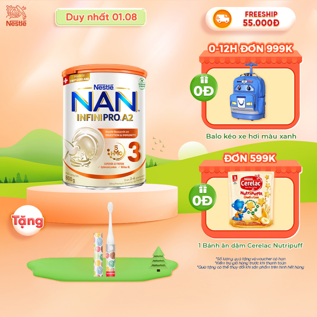 [Tặng Bàn chải điện cho bé] Sữa Bột Nestlé NAN INFINIPRO A2 bước 3 800g từ Thụy Sỹ
