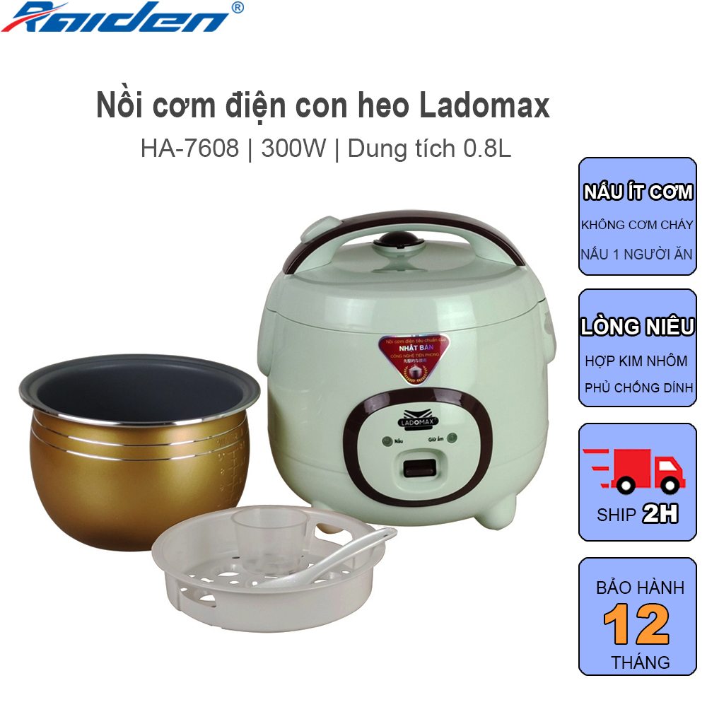 [Chính hãng] Nồi cơm mini 0.8L Ladomax HA-7608 lòng niêu chống dính nấu cơm chín đều, có xửng hấp