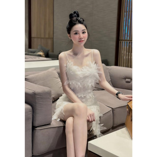 [RL35] Đầm Ren Body Dự Tiệc 2 Dây Đính Hoa Tuyết Lông Tua Rua - Vải Ren - Màu Kem Phối Hoa Trắng Đi Chơi, Du Lịch LINOIS