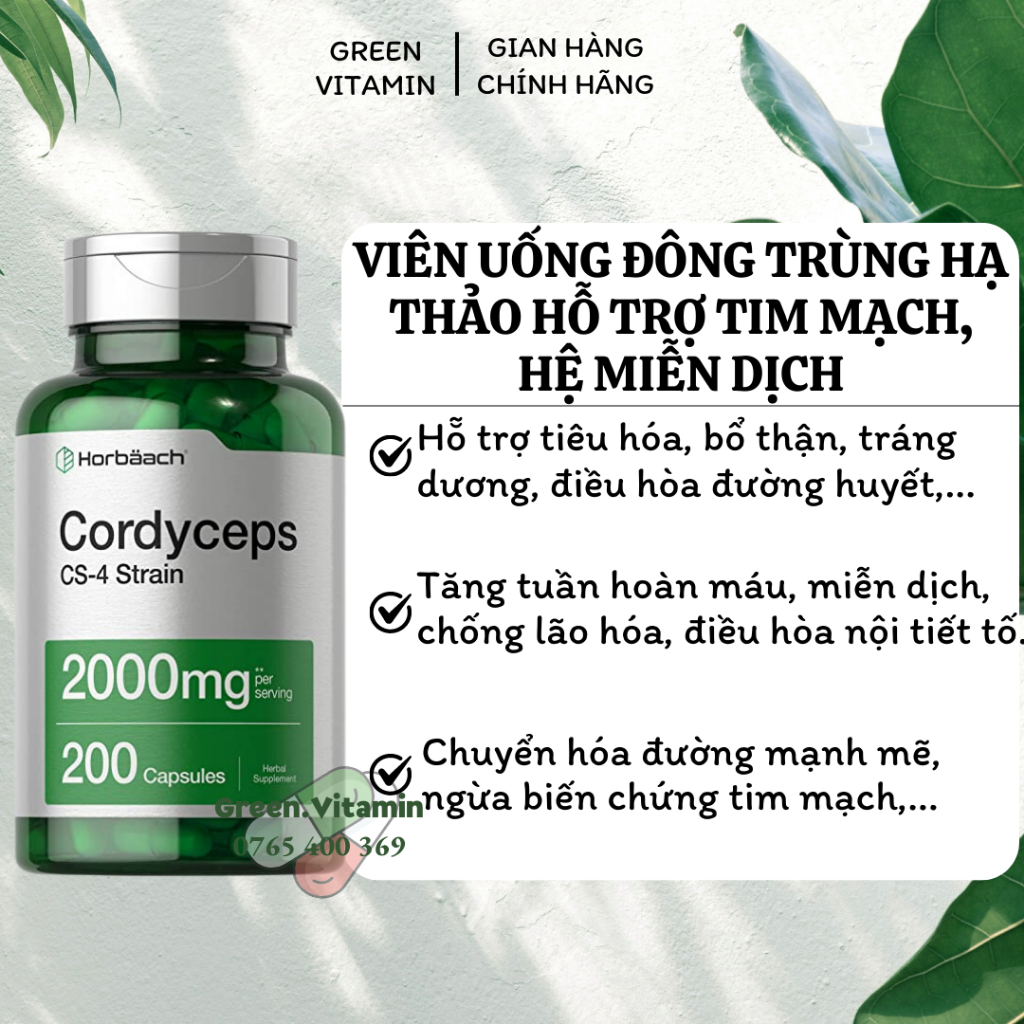 Horbaach Cordyceps Cs 4 Strain 2000mg Viên Uống đông Trùng Hạ Thảo