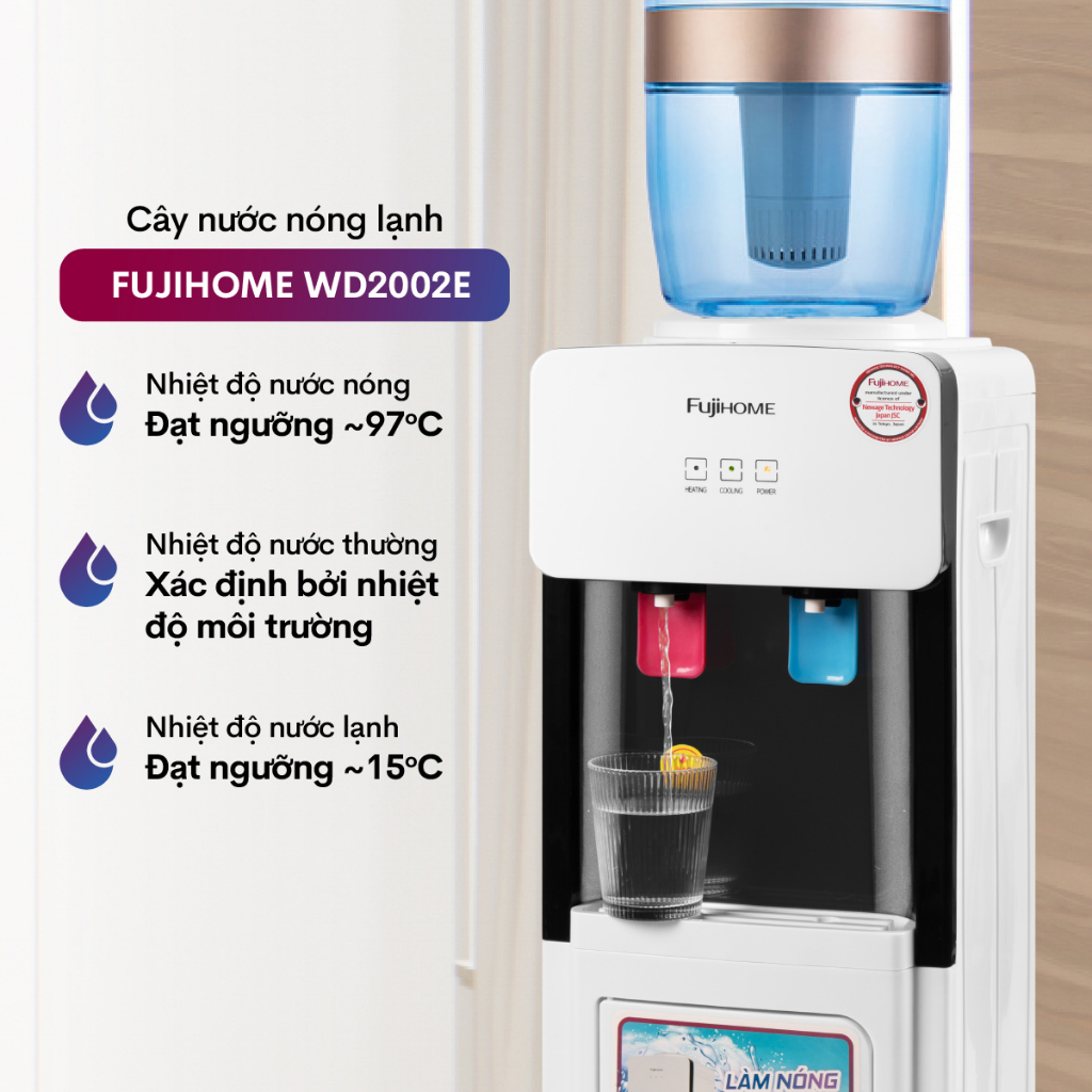 Ảnh Cây nước nóng lạnh FUJIHOME WD2002E làm lạnh điện tử, có ngăn để cốc chén, tiết kiệm điện năng 2