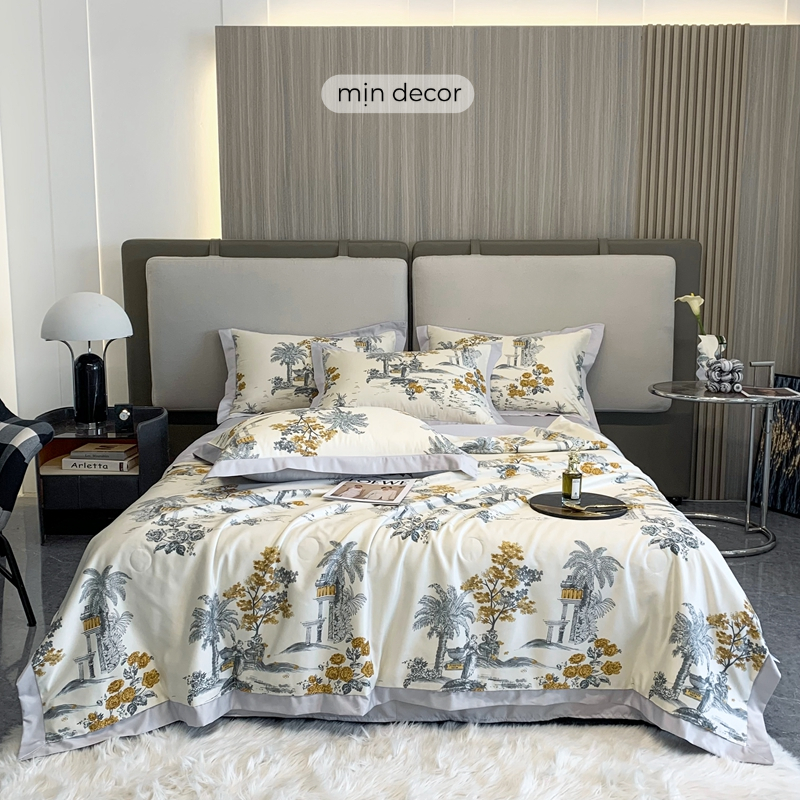 Ảnh Bộ Chăn Ga Gối Cotton Sateen Mịn Decor Bo Chun 10cm Đến 30cm, Bộ Lụa Thái Size 1m6 1m8 Kèm Chăn Chần 3
