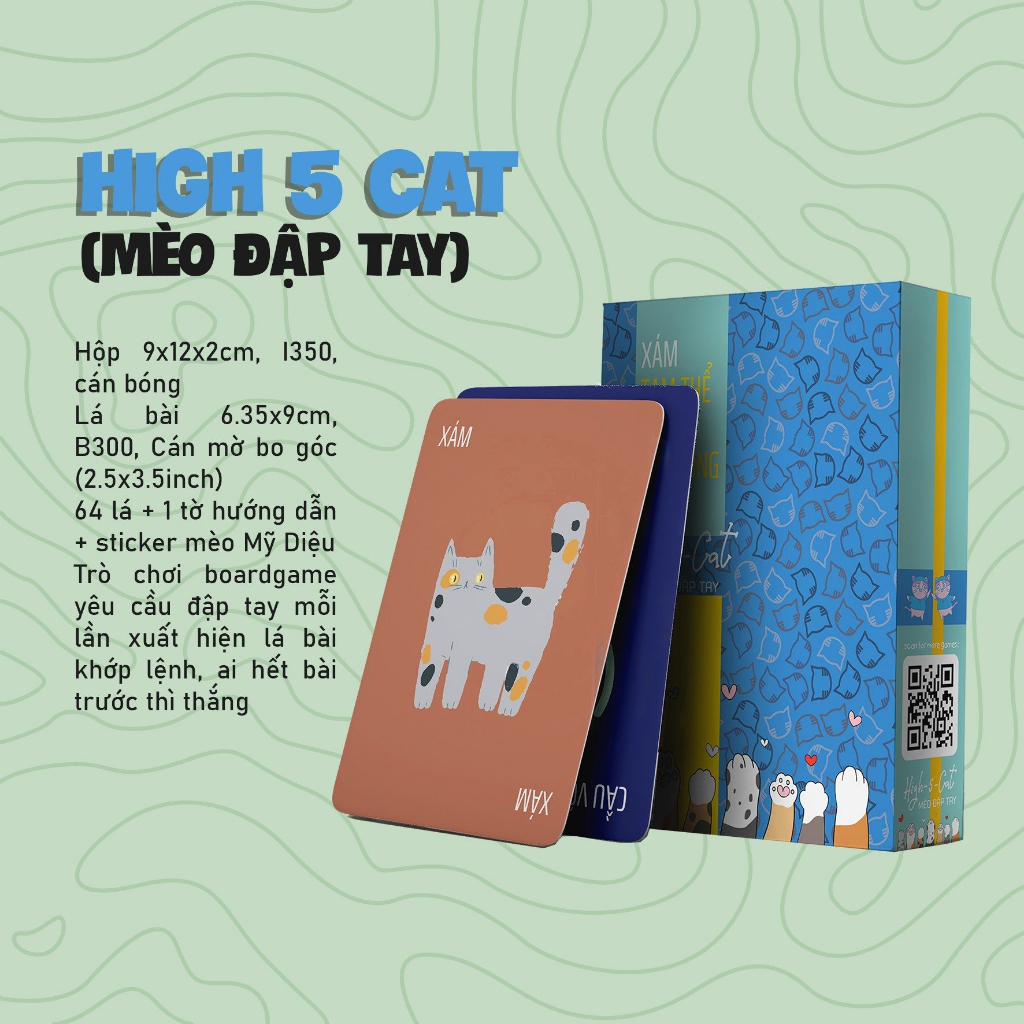 Bộ Bài High 5 Cat Mèo Đập Tay 64 Lá Việt Hóa Giấy Cứng Chơi Nhóm Thú Vị Size 6.5x9Cm