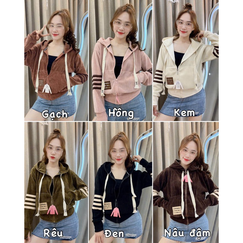 ÁO KHOÁC NỮ NHUNG GÂN ĐÔI 6 TÚI 40-57kg [ Có nón + không nón]