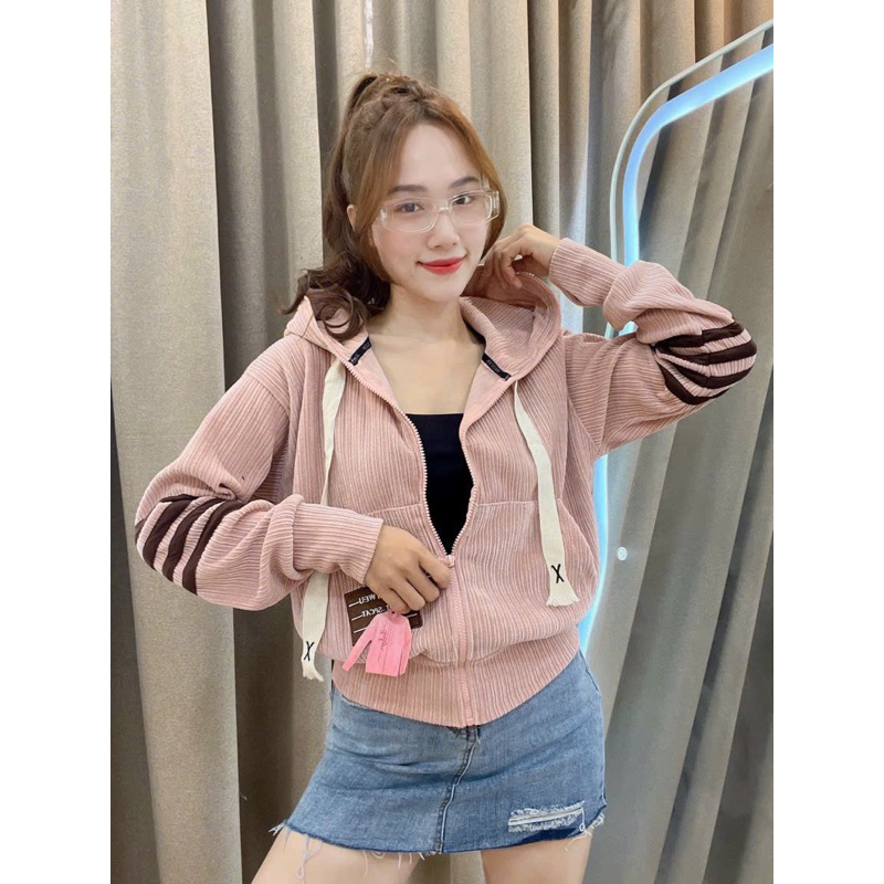 ÁO KHOÁC NỮ NHUNG GÂN ĐÔI 6 TÚI 40-57kg [ Có nón + không nón]