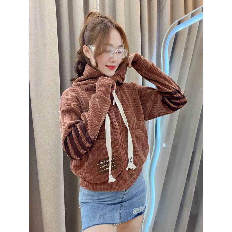 ÁO KHOÁC NỮ NHUNG GÂN ĐÔI 6 TÚI 40-57kg [ Có nón + không nón]