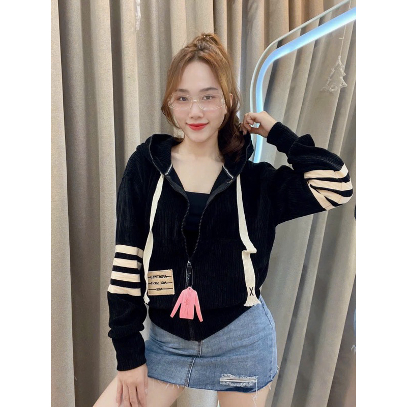 ÁO KHOÁC NỮ NHUNG GÂN ĐÔI 6 TÚI 40-57kg [ Có nón + không nón]