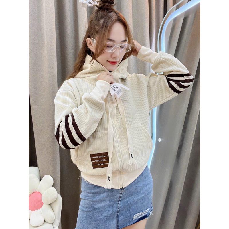 ÁO KHOÁC NỮ NHUNG GÂN ĐÔI 6 TÚI 40-57kg [ Có nón + không nón]
