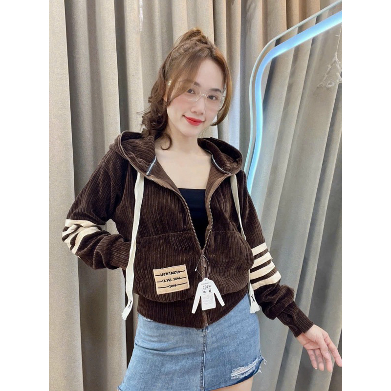 ÁO KHOÁC NỮ NHUNG GÂN ĐÔI 6 TÚI 40-57kg [ Có nón + không nón]