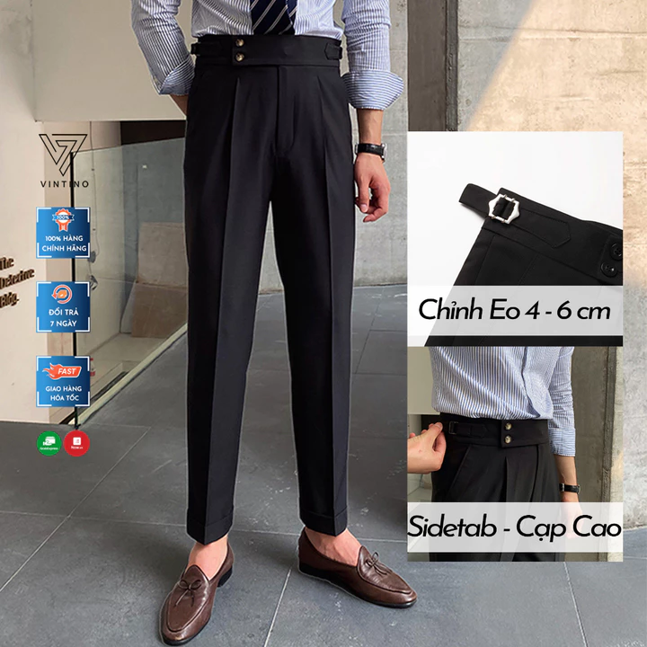Quần âu nam cạp cao Sidetab VINTINO 2 khuy baggy suông đen kiểu hàn quốc lưng cao công sở QCC