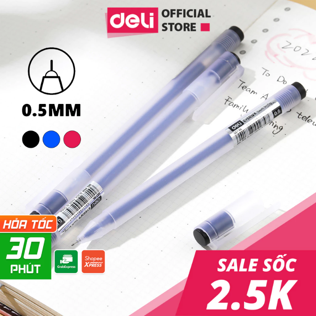 Bút Bi Nước Mực Gel Nhanh Khô 3 Màu Đen Xanh Đỏ Deli Ngòi 0.5mm Viết Bi Nước Văn Phòng Sinh viên Học Sinh