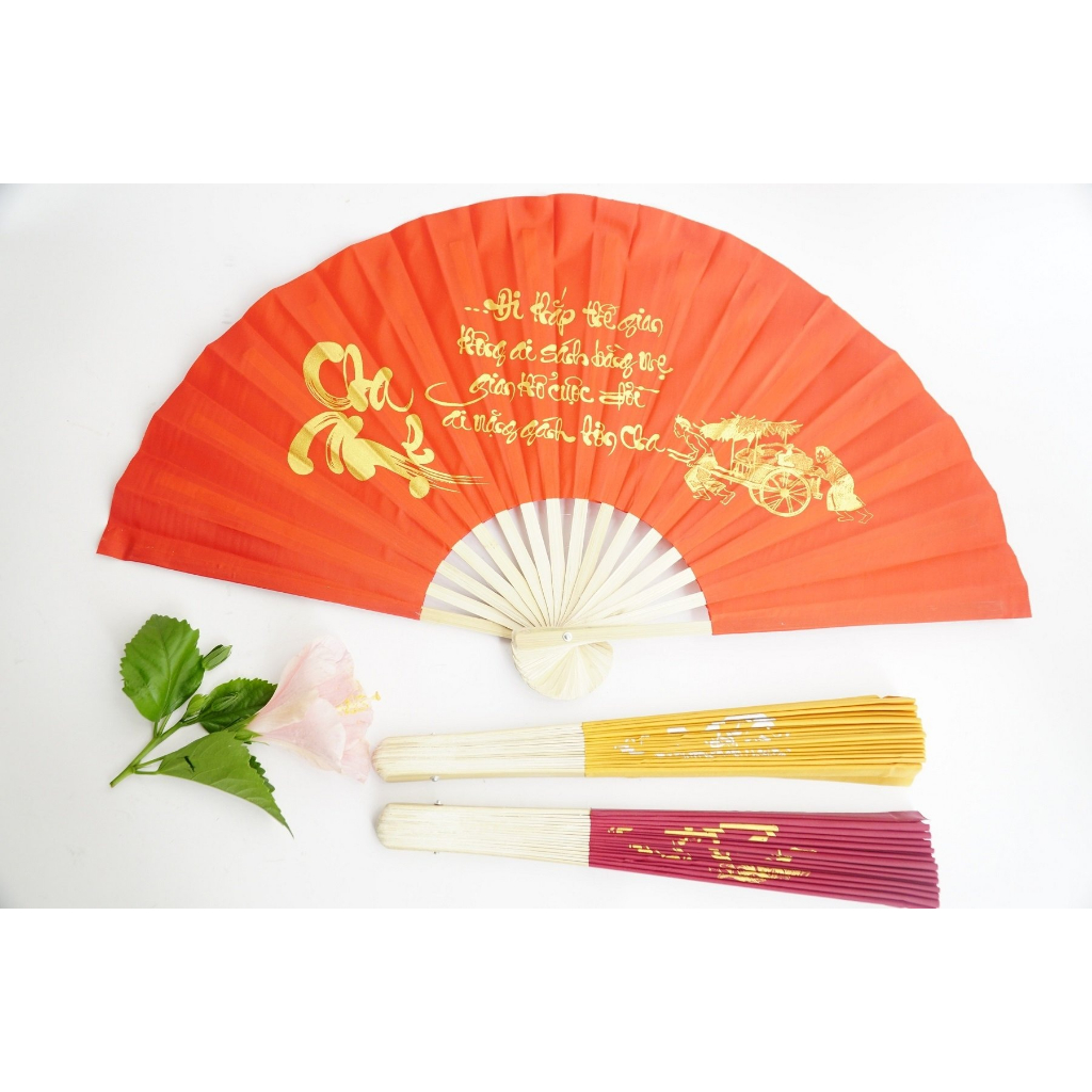 QUẠT XẾP CẦM TAY BẰNG VẢI LỤA BÓNG, CHỮ THƯ PHÁP, NHIỀU MÀU SẤC 25CM - VPP QUỐC HUY