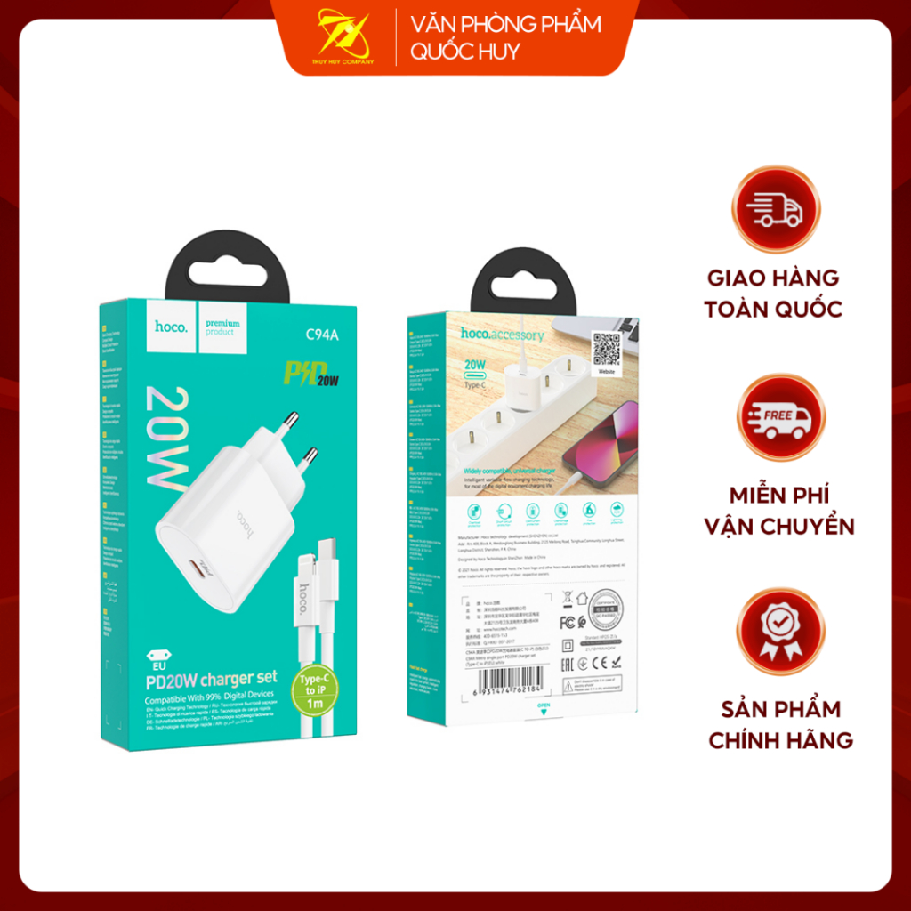 Sạc Nhanh C94A, Củ Sạc Nhanh PD20W, Dây Cáp Sạc Type C Dài 1m - VPP Quốc Huy