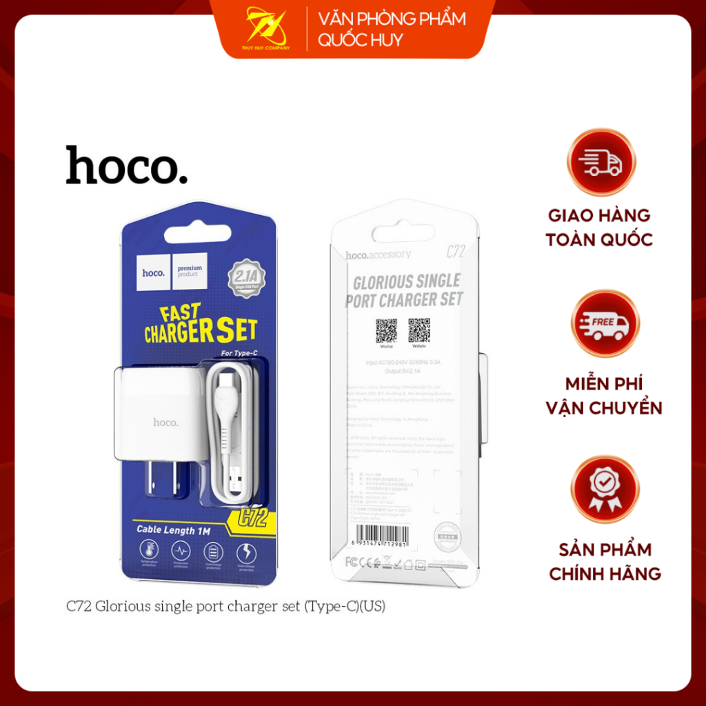 BỘ CÁP SẠC HOCO C72, DÂY SẠC VÀ CỦ SẠC, OUTPUUT2.4 AMPE - VPP QUỐC HUY