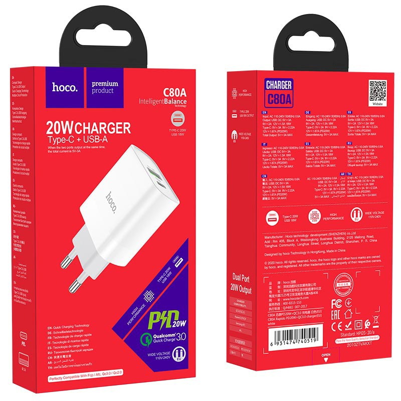 Củ Sạc Nhanh HOCO 20W C80A, Bộ Sạc Type C Tiêu Chuẩn Thích Hợp Nhiều Dòng Điện Thoại - VPP Quốc Huy