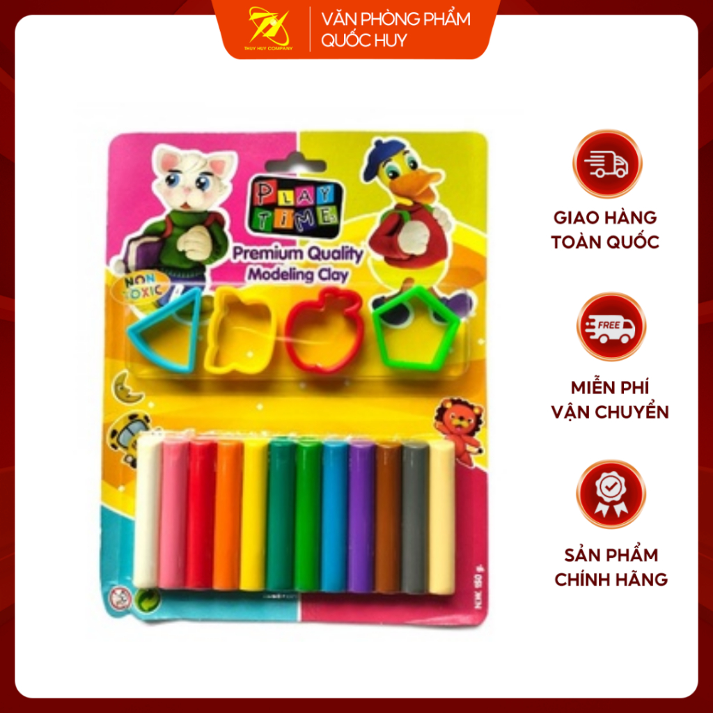 ĐẤT NẶN 12 MÀU CÓ KHUÔN KÈM THEO CHO BÉ , Đất Nặn Thái Lan 165g - VPP Quốc Huy