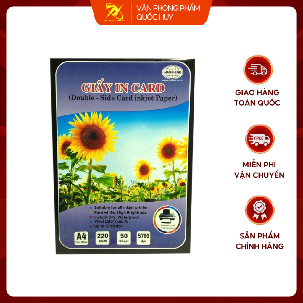 GIẤY IN CARD 2 MẶT, 50 TỜ/TẬP, IN PHUN ĐỊNH LƯỢNG 220GSM - VPP QUỐC HUY.
