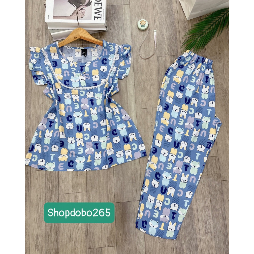Đồ bộ nữ,đồ ngủ mặc nhà lửng 9 tấc cổ phối ren tay cánh tiên vải lanh BL 39 họa tiết dễ thương size 51-70kg.