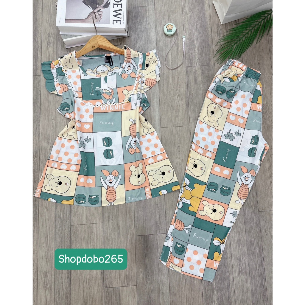 Đồ bộ nữ,đồ ngủ mặc nhà lửng 9 tấc cổ phối ren tay cánh tiên vải lanh BL 39 họa tiết dễ thương size 51-70kg.