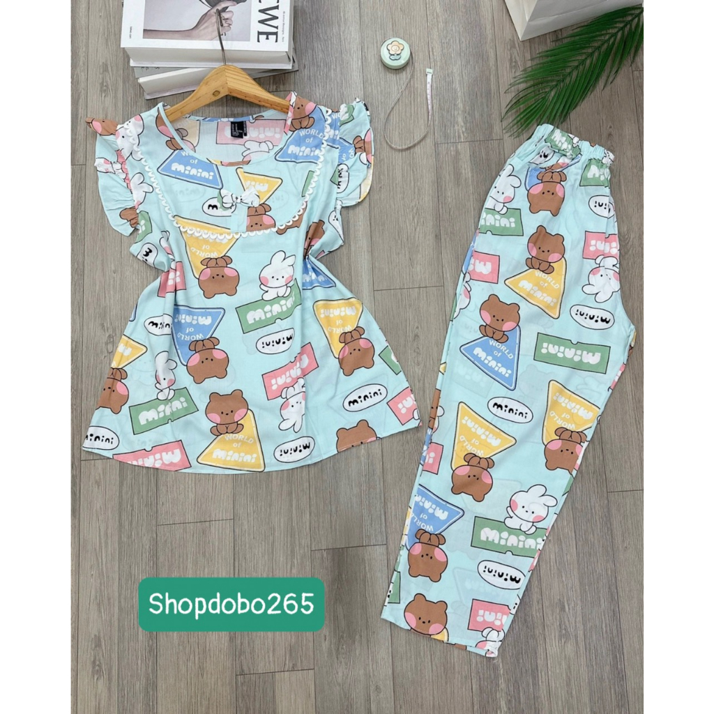 Đồ bộ nữ,đồ ngủ mặc nhà lửng 9 tấc cổ phối ren tay cánh tiên vải lanh BL 39 họa tiết dễ thương size 51-70kg.