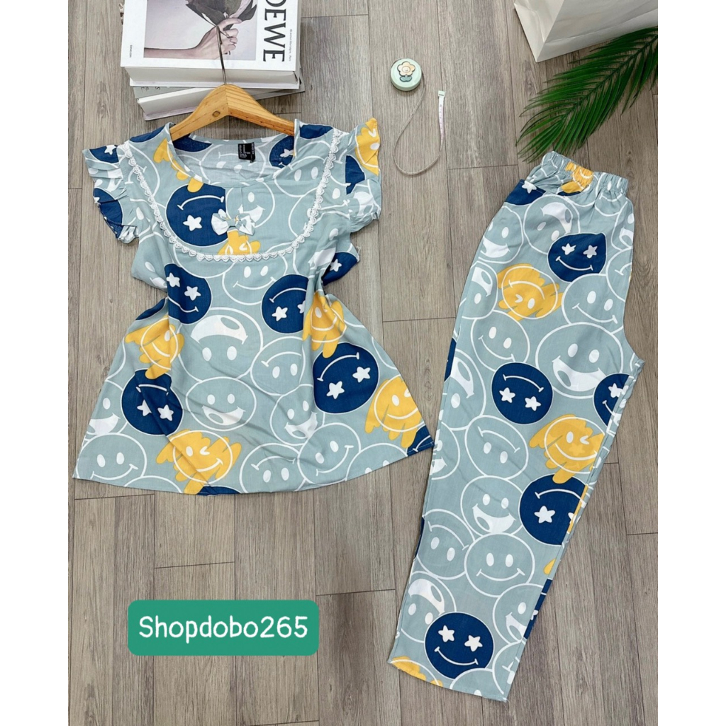 Đồ bộ nữ,đồ ngủ mặc nhà lửng 9 tấc cổ phối ren tay cánh tiên vải lanh BL 39 họa tiết dễ thương size 51-70kg.