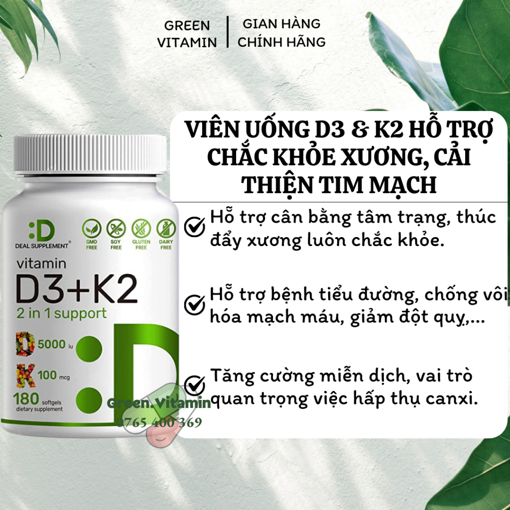 Deal Supplement Vitamin D3 5000IU K2 MK7 100MCG Viên uống D3 K2 hỗ