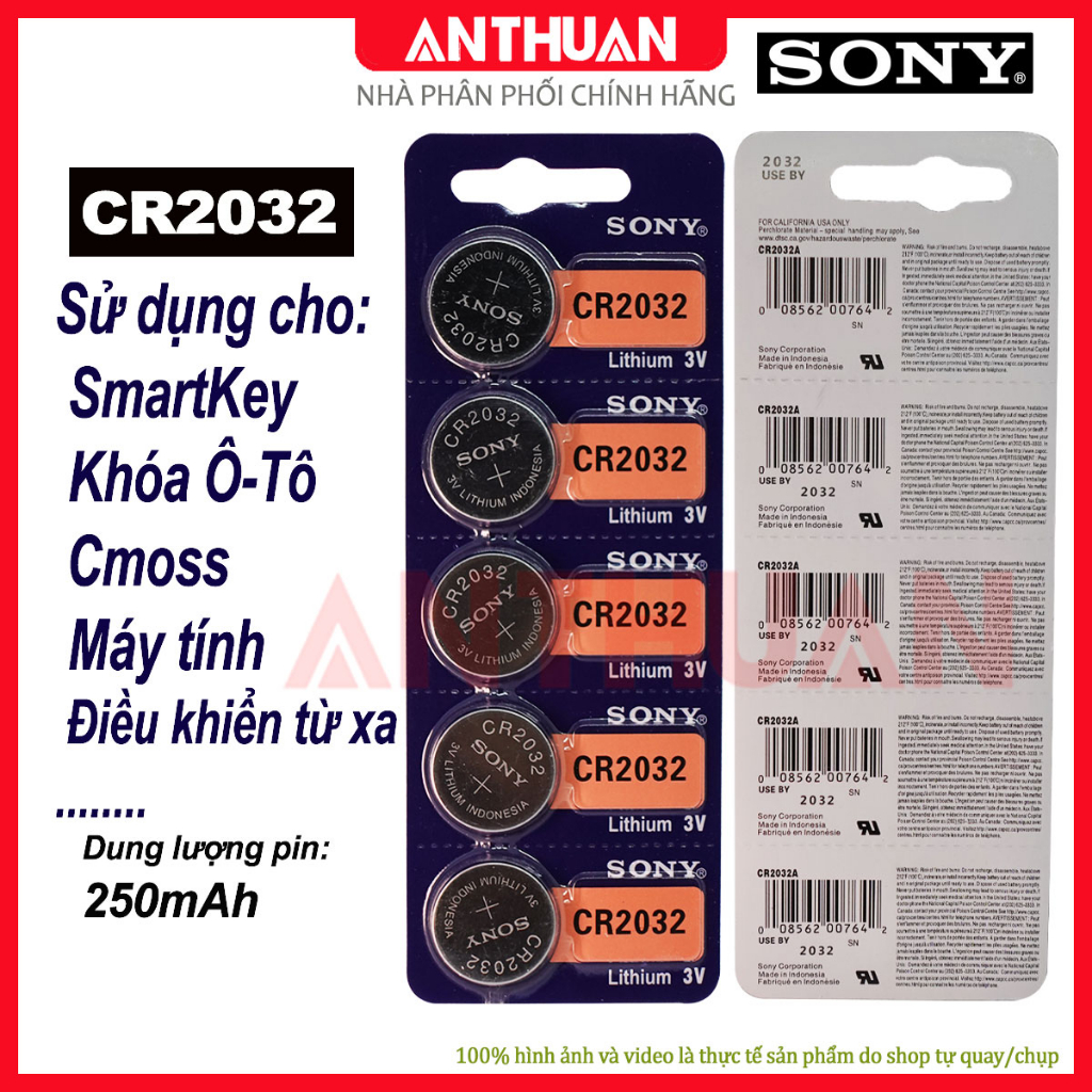 Pin CR2032 SONY 3V .  Pin cho SmartKey, Khóa ÔTô, Cmoss nuôi nguồn, điều khiển, máy tính cầm tay