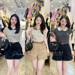 Áo len cổ bẻ cổ sen len mongtoghi hoạ tiết kẻ ngang thỏ thêu 040
