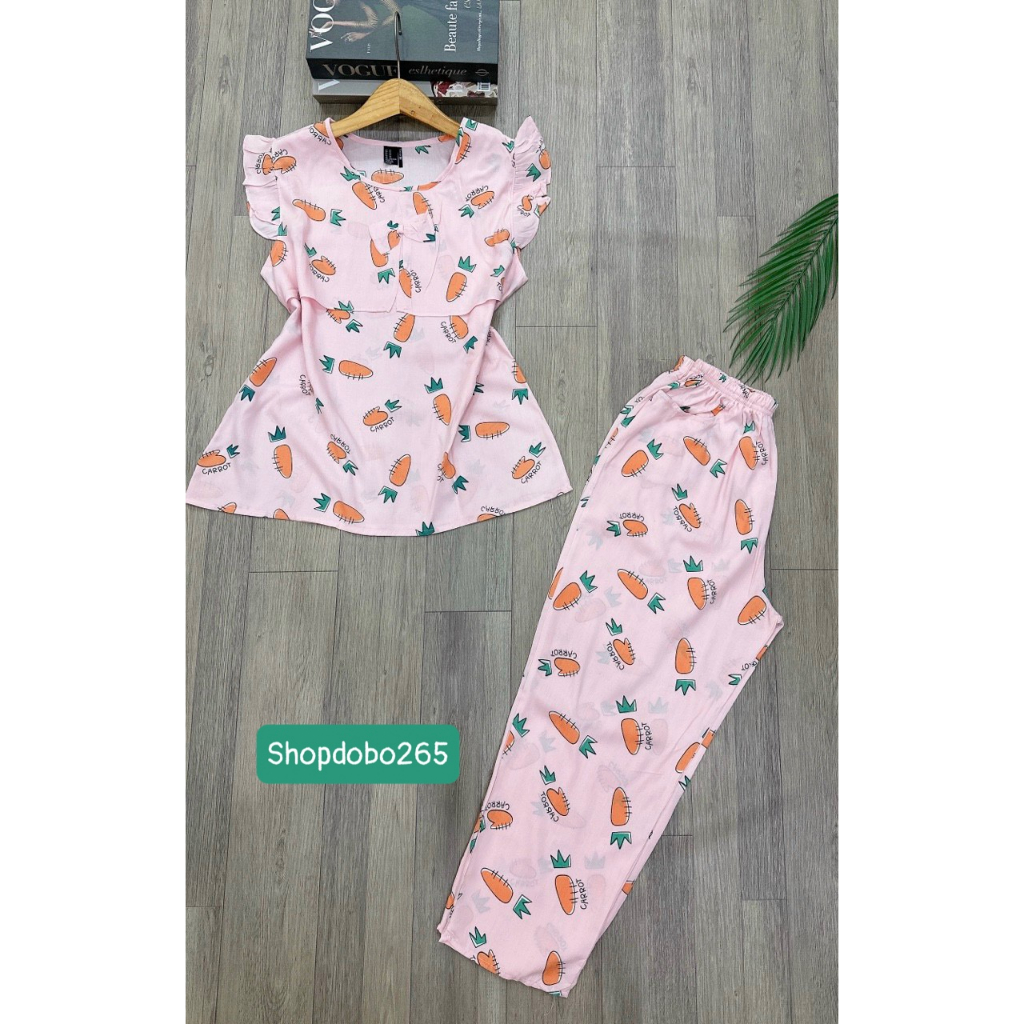 Đồ bộ nữ,đồ ngủ mặc nhà lửng 9 tấc áo 2 lớp tay cánh tiên vải lanh BL 42 họa tiết dễ thương size 51-65kg.