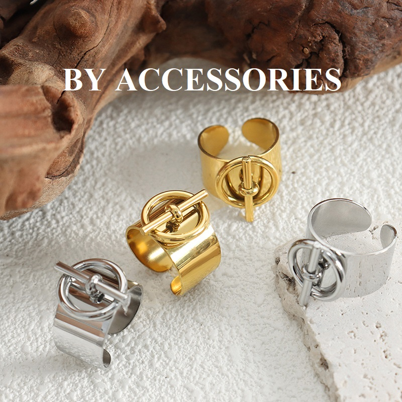 Nhẫn nữ titan bản to kiểu mặt khóa hình học hở sau cá tính mạ vàng 18k thời trang không gỉ WR2328