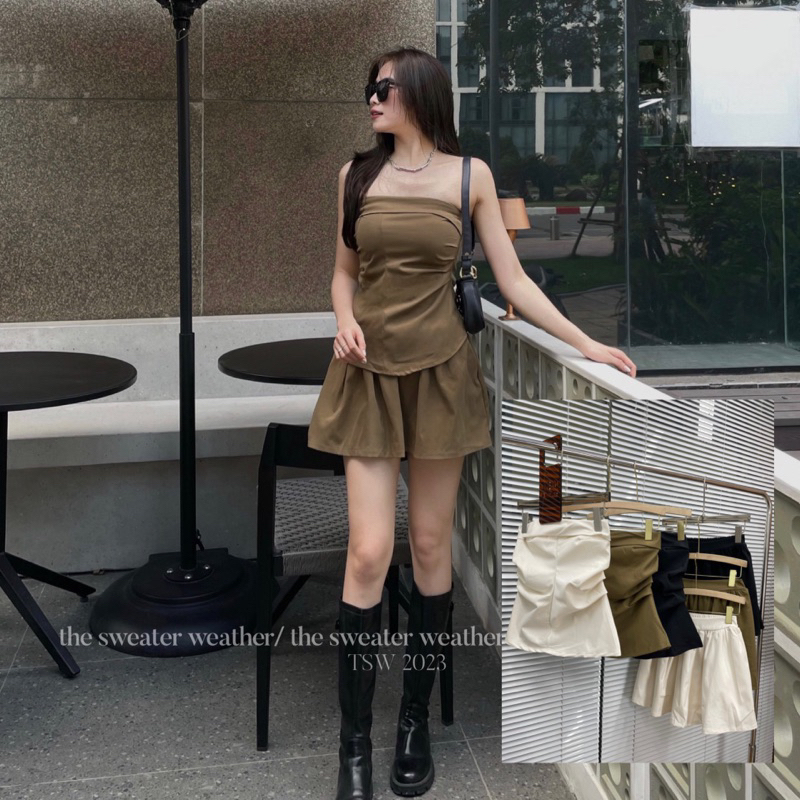 Set áo ống quây nhún eo kèm chân váy xoè ngắn the.sweaterweather TSW (ảnh thật)