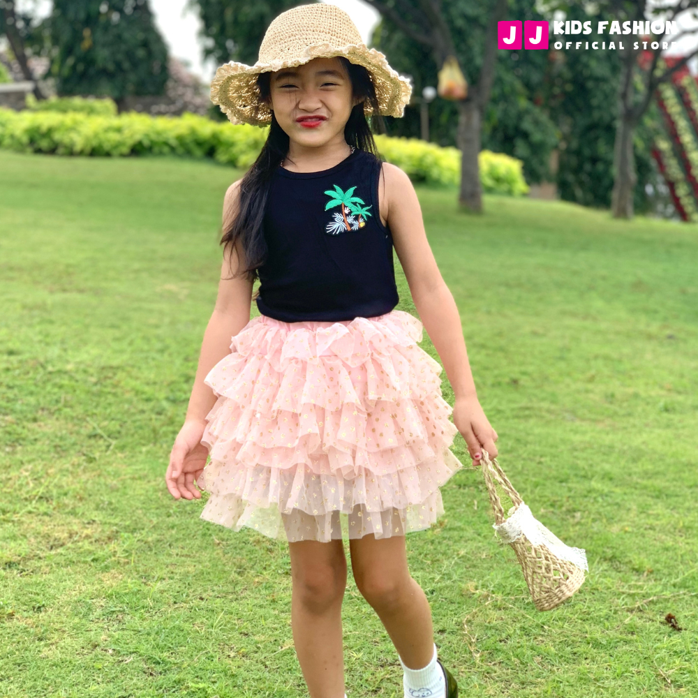 Áo ba lỗ bé gái mùa hè JJ Kids, chất cotton gân co giản cho trẻ em 2,3,4,5,6,7,8,9,10,11,12 tuổi