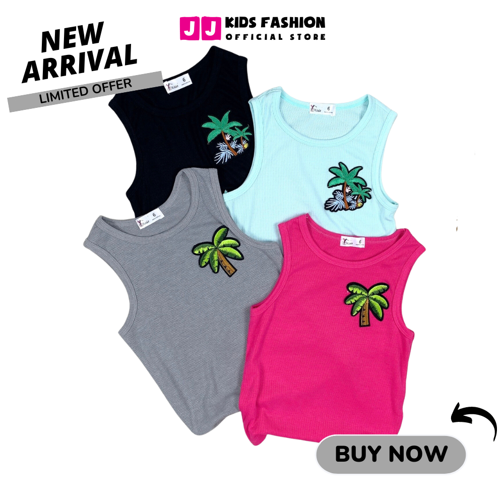 Áo ba lỗ bé gái mùa hè JJ Kids, chất cotton gân co giản cho trẻ em 2,3,4,5,6,7,8,9,10,11,12 tuổi