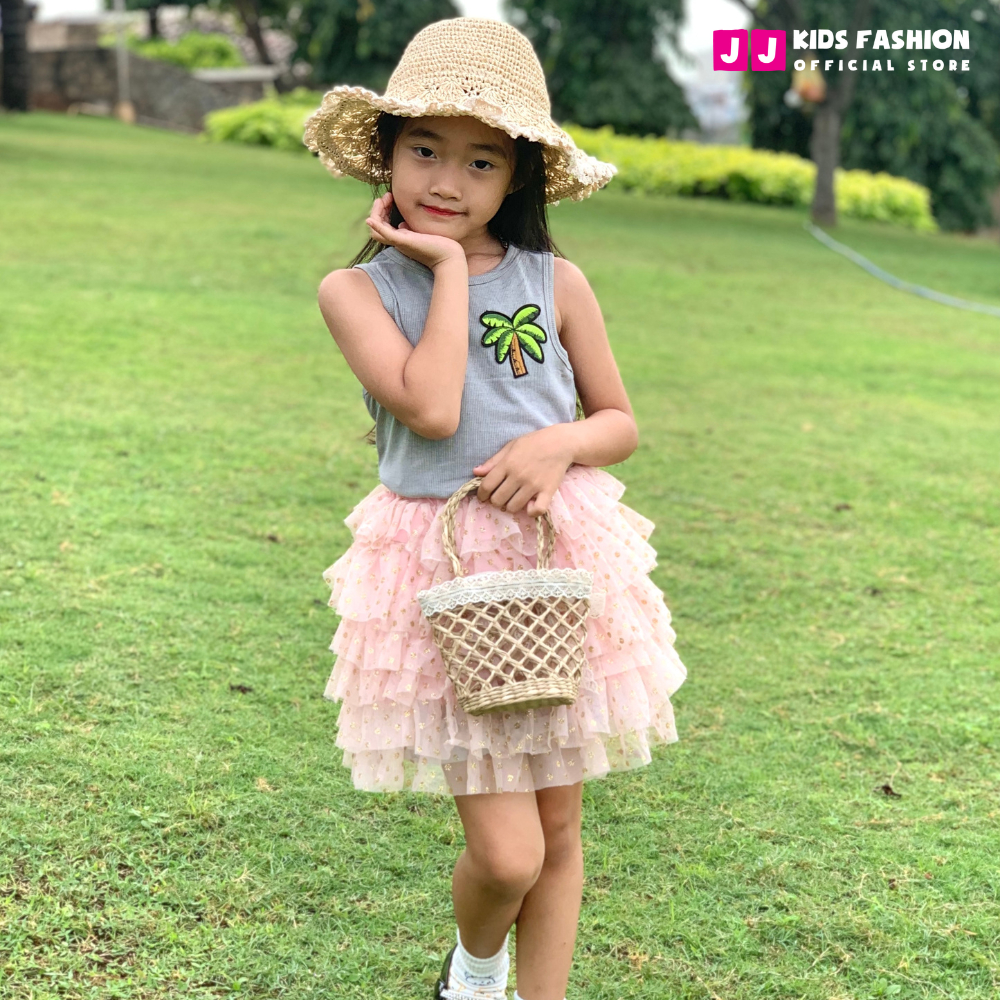 Áo ba lỗ bé gái mùa hè JJ Kids, chất cotton gân co giản cho trẻ em 2,3,4,5,6,7,8,9,10,11,12 tuổi