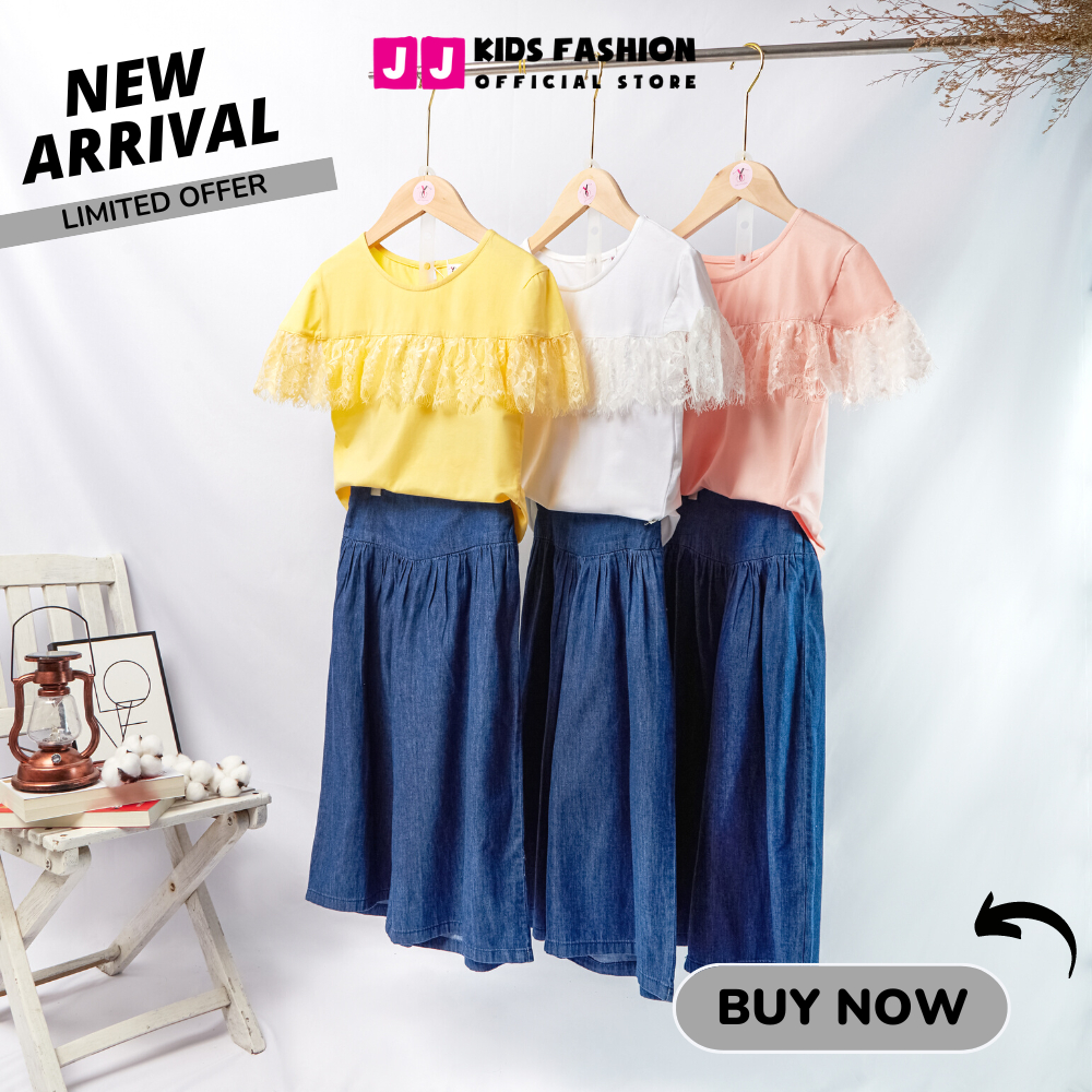 Bộ cộc tay cho bé gái thời trang cổ viền ren, quần ống rộng cao cấp - JJ Kids