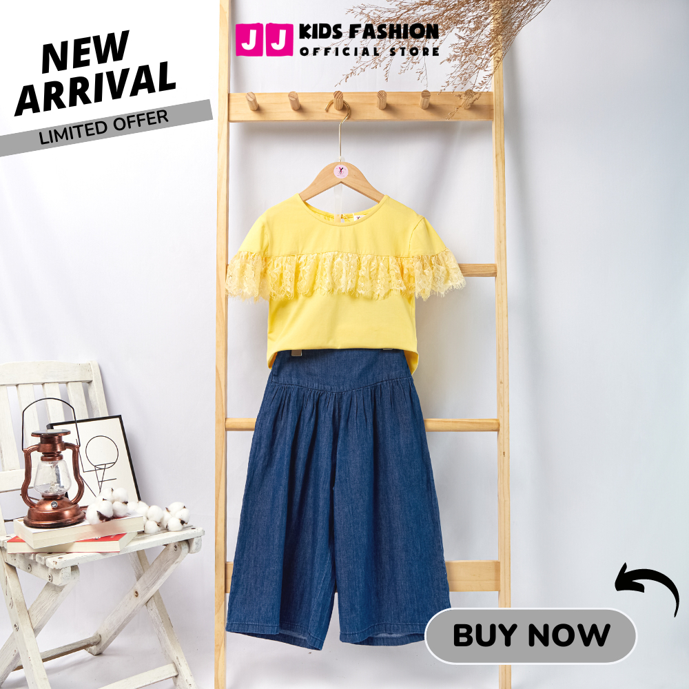 Bộ cộc tay cho bé gái thời trang cổ viền ren, quần ống rộng cao cấp - JJ Kids