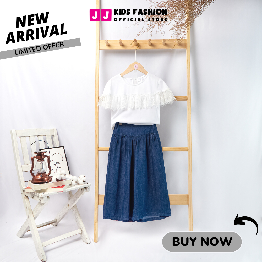 Bộ cộc tay cho bé gái thời trang cổ viền ren, quần ống rộng cao cấp - JJ Kids