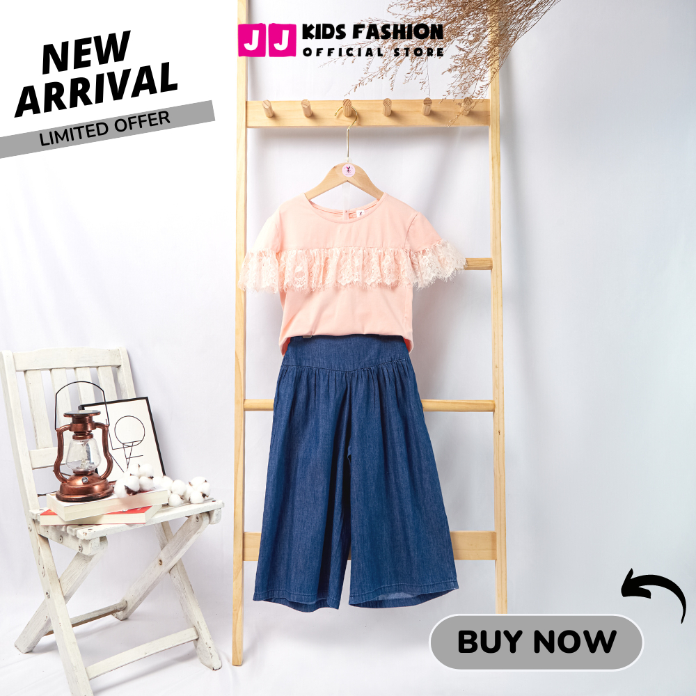 Bộ cộc tay cho bé gái thời trang cổ viền ren, quần ống rộng cao cấp - JJ Kids