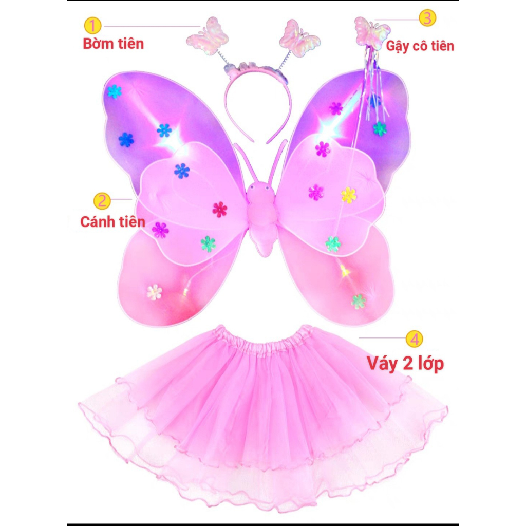 Bộ hóa trang cánh tiên cánh bướm kèm váy và bờm tóc có đèn phát sáng điệu đà cho bé chơi Trung Thu