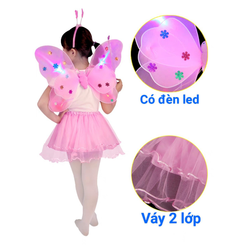 Bộ hóa trang cánh tiên cánh bướm kèm váy và bờm tóc có đèn phát sáng điệu đà cho bé chơi Trung Thu