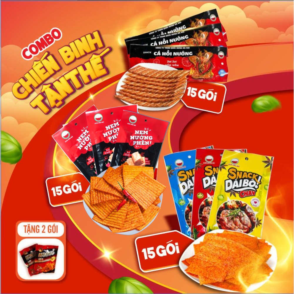 Combo Chiến Binh Tận Thế: 15 Gói Snack Nem Nướng Phên+ 15 Gói Snack Cá Hồi Nướng+ 15 Snack Dải Bò Chay, Tặng 2 Góĩ MiXI