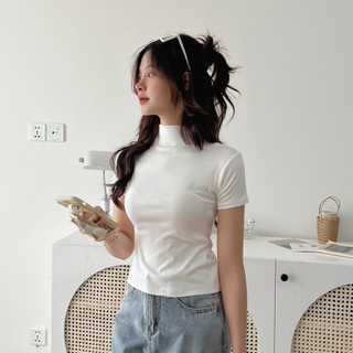 Áo Thun Cotton Cộc Tay Cổ Cao Áo Thun Basic Ôm Body Co Giãn Thoải Mái Cakecat