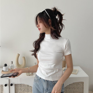 Áo Thun Cotton Cộc Tay Cổ Cao Áo Thun Basic Ôm Body Co Giãn Thoải Mái Cakecat
