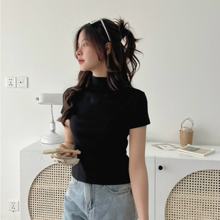 Áo Thun Cotton Cộc Tay Cổ Cao Áo Thun Basic Ôm Body Co Giãn Thoải Mái Cakecat