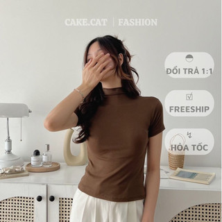 Áo Thun Cotton Cộc Tay Cổ Cao Áo Thun Basic Ôm Body Co Giãn Thoải Mái Cakecat