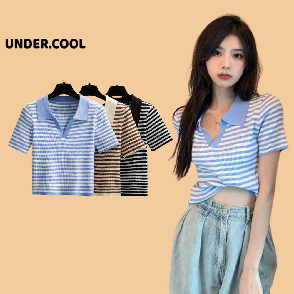Áo Croptop Len Montoghi Kẻ Ngang Cổ polo UNDERCOOL tay họa tiết kẻ sọc phong cách Hàn Quốc ACT24